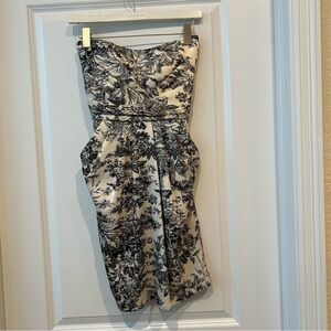 Carolina Williamson Beige Black Strapless Floral Dress Sz M Pockets Dressy